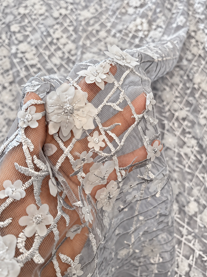 Berdeen 3D Floral Fabric - Light Grey