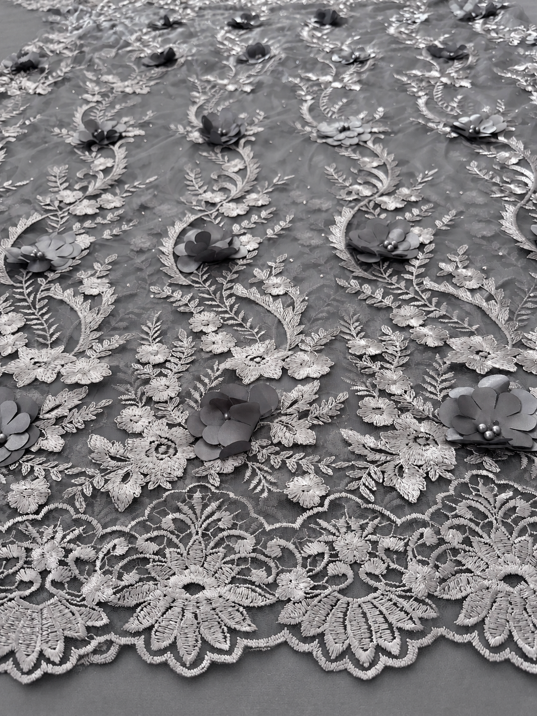 Homilo 3D Beaded Floral Fabric - Grey