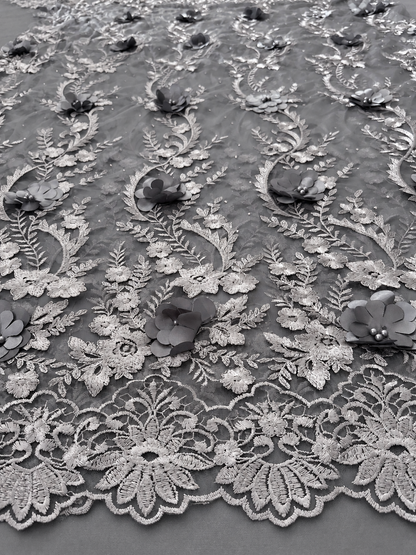 Homilo 3D Beaded Floral Fabric - Grey