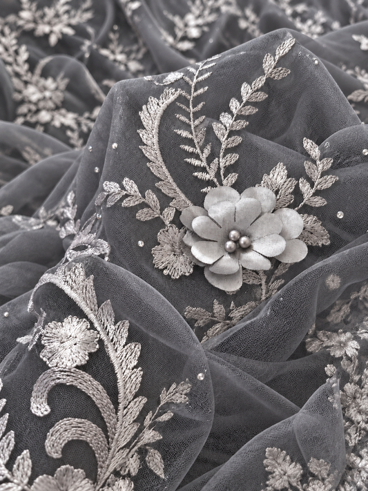 Homilo 3D Beaded Floral Fabric - Grey