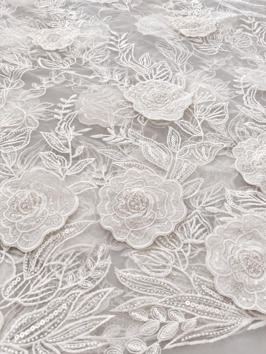 Rixo 3D Sequin Beaded Quality Floral Fabric - White