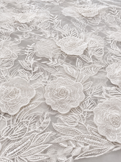 Rixo 3D Sequin Beaded Quality Floral Fabric - White