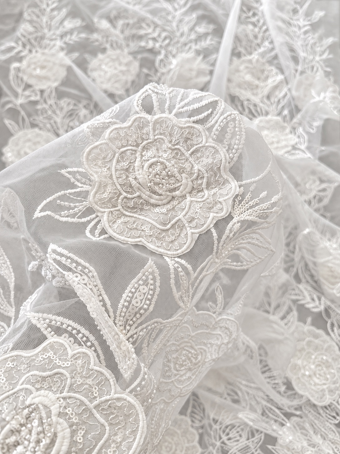 Rixo 3D Sequin Beaded Quality Floral Fabric - White