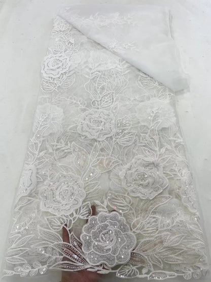 Rixo 3D Sequin Beaded Quality Floral Fabric - White