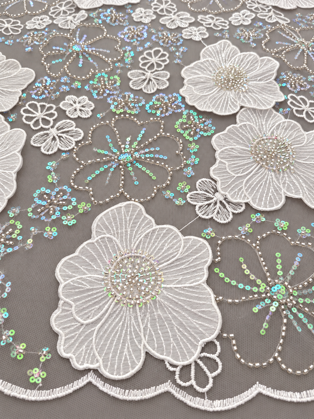 Lural 3D Luxury Floral Sequin Fabric - White