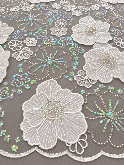 Lural 3D Luxury Floral Sequin Fabric - White
