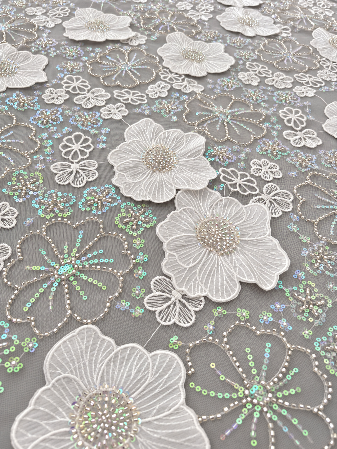 Lural 3D Luxury Floral Sequin Fabric - White