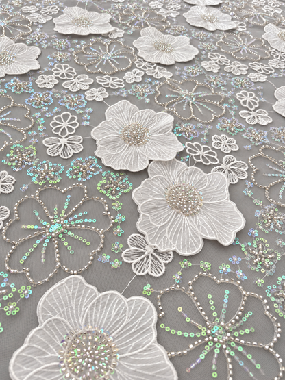Lural 3D Luxury Floral Sequin Fabric - White