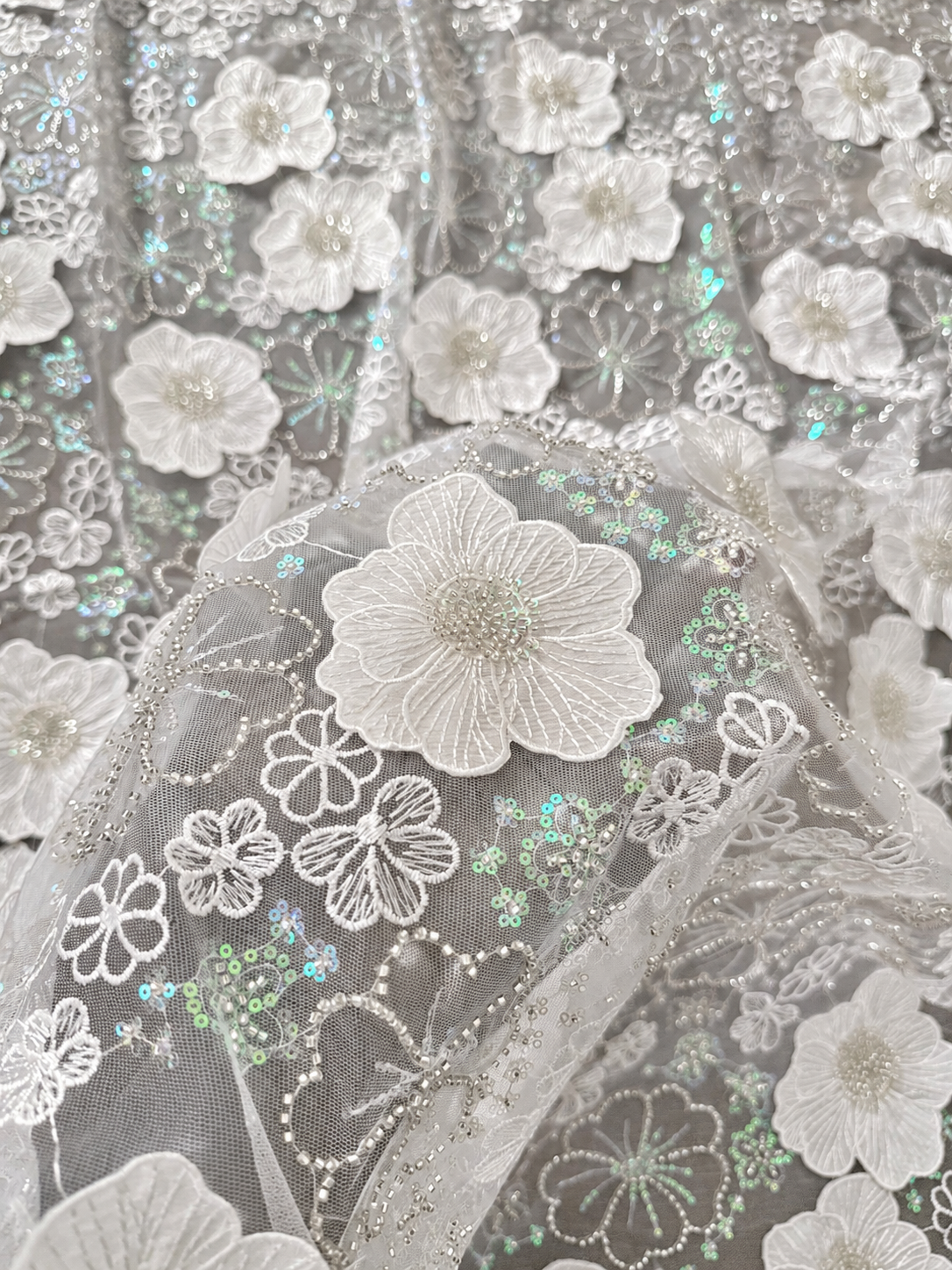 Lural 3D Luxury Floral Sequin Fabric - White