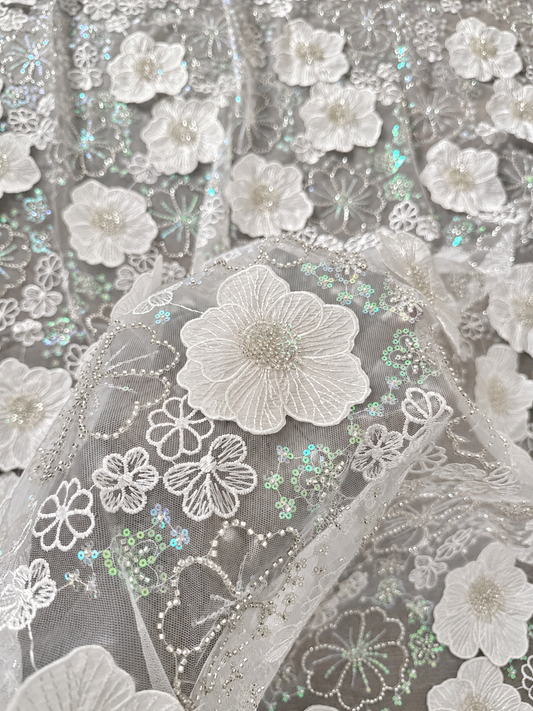 Lural 3D Luxury Floral Sequin Fabric - White