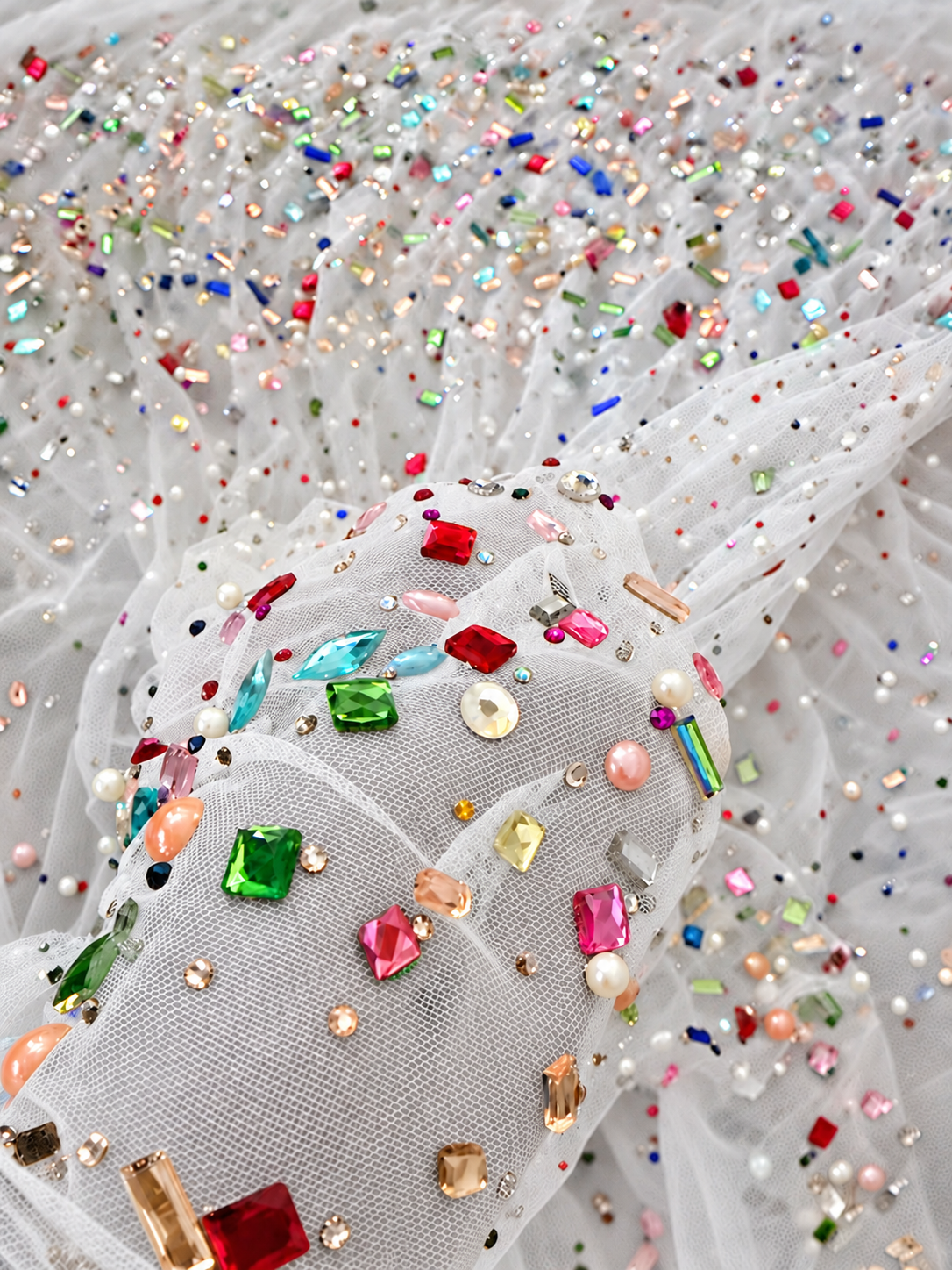 Multicolor Rhinestone & Pearl Embellished White Tulle Fabric