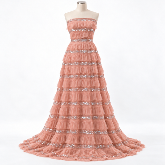 Terprise Quality Ruffle Tulle Sequin Fabric - Blush Pink