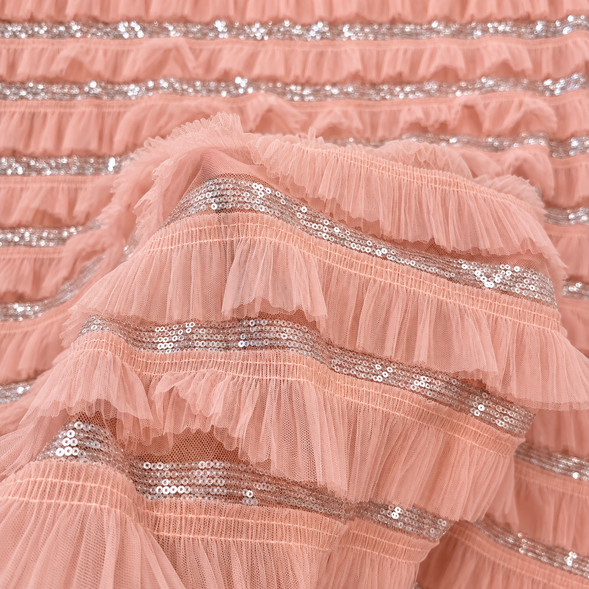 Terprise Quality Ruffle Tulle Sequin Fabric - Blush Pink