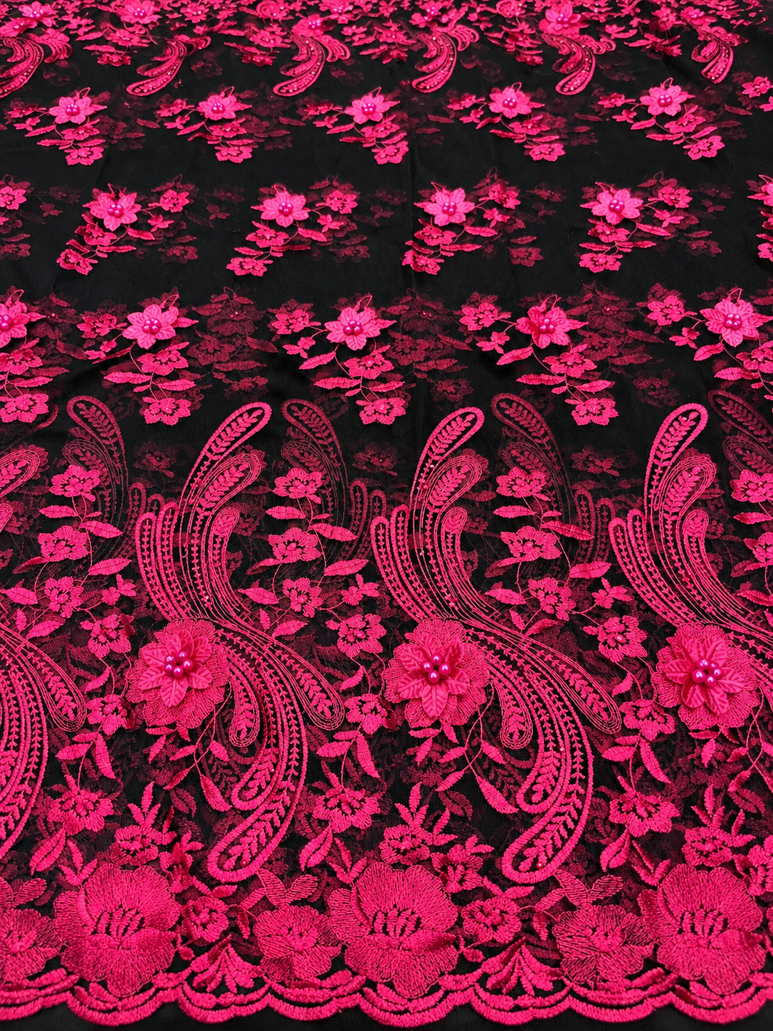 Dight Floral Quality 3D Tulle Fabric - Pink Black