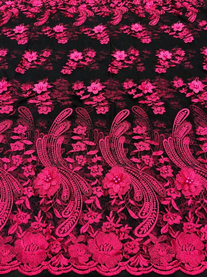 Dight Floral Quality 3D Tulle Fabric - Pink Black