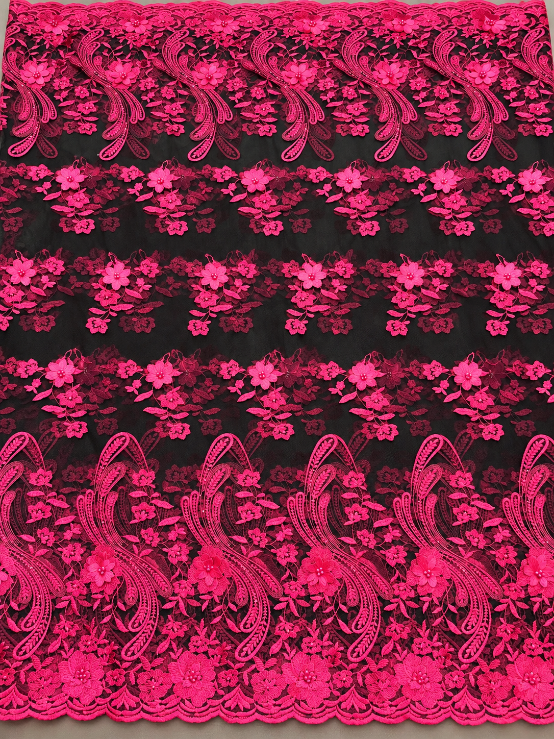 Dight Floral Quality 3D Tulle Fabric - Pink Black