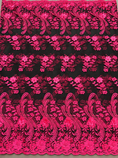 Dight Floral Quality 3D Tulle Fabric - Pink Black