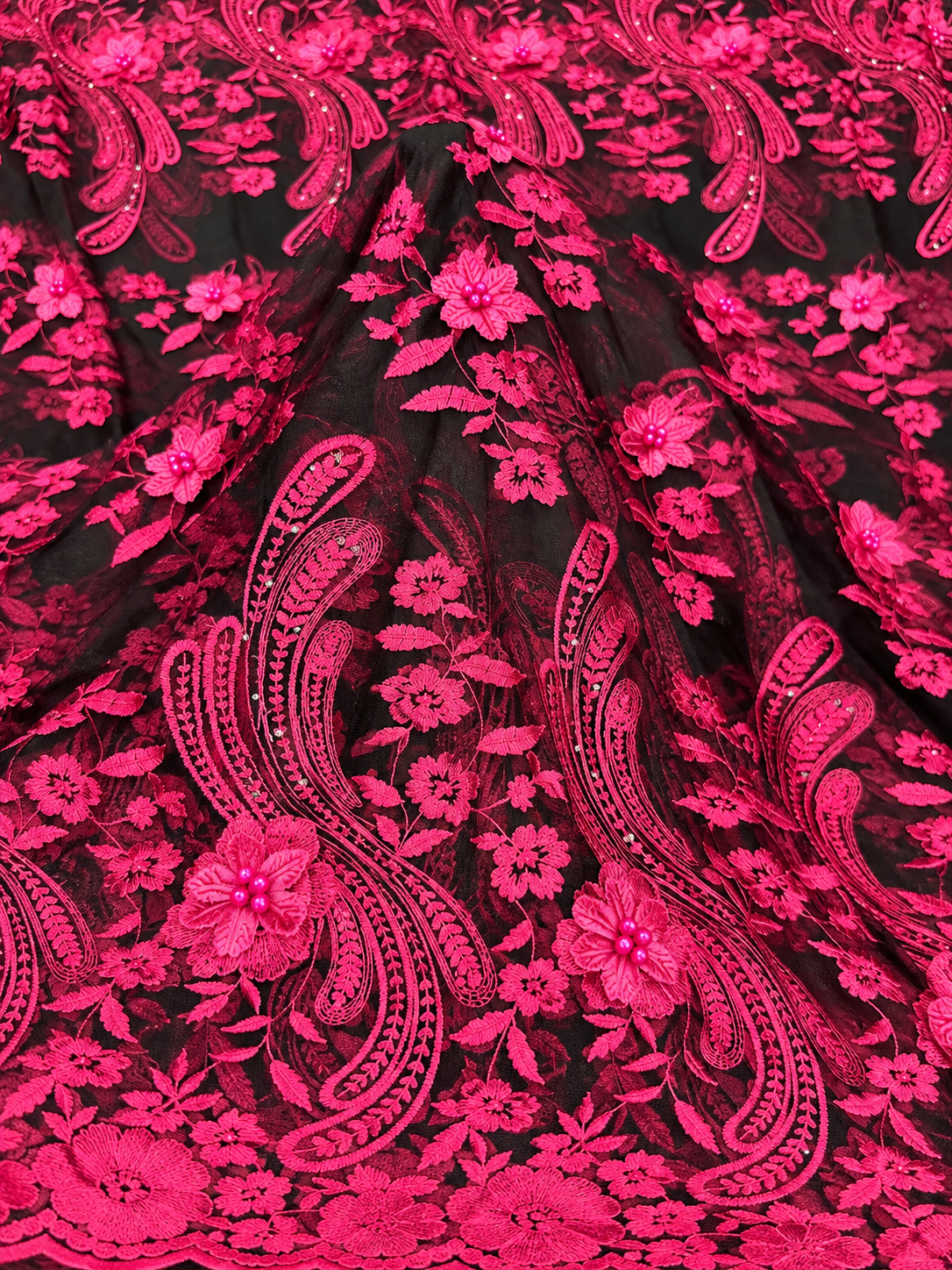 Dight Floral Quality 3D Tulle Fabric - Pink Black