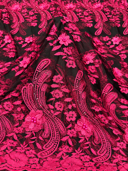 Dight Floral Quality 3D Tulle Fabric - Pink Black