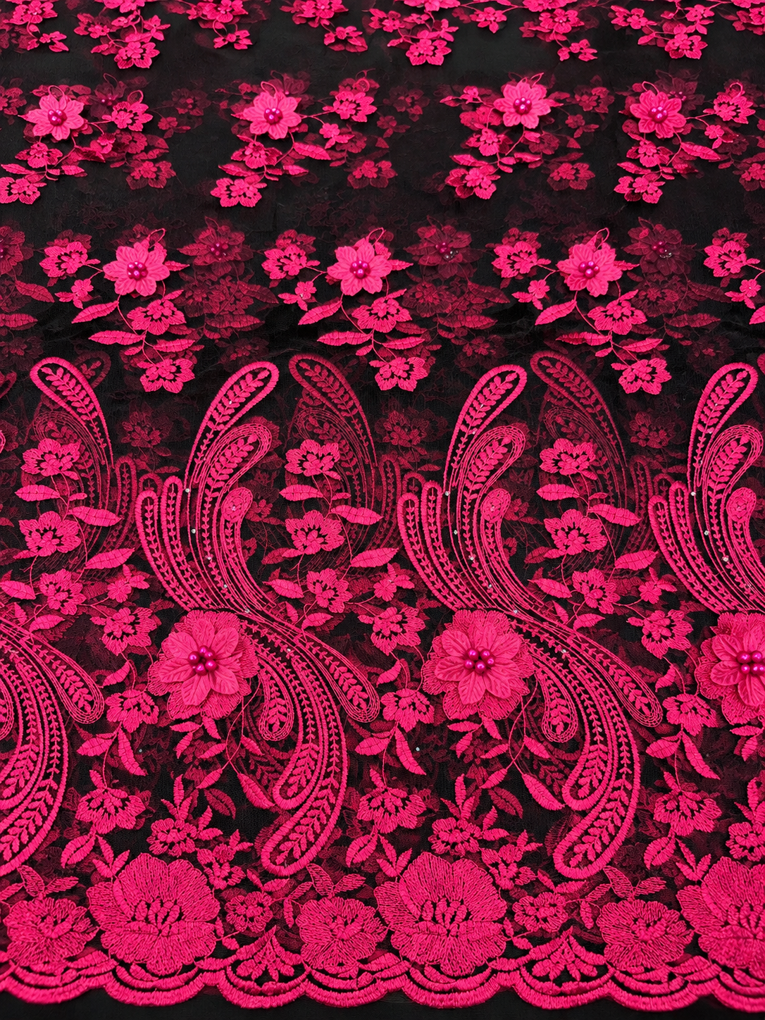 Dight Floral Quality 3D Tulle Fabric - Pink Black