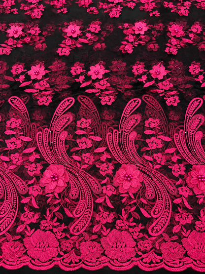Dight Floral Quality 3D Tulle Fabric - Pink Black