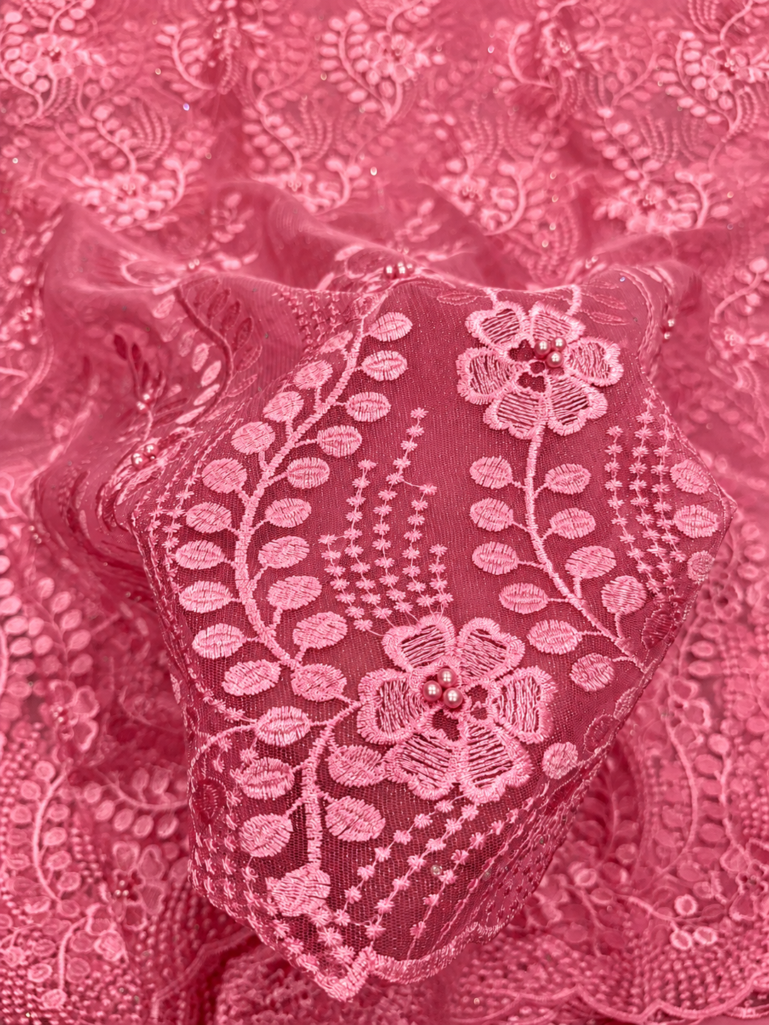 Hoint Beaded Tulle Floral Fabric - Pink