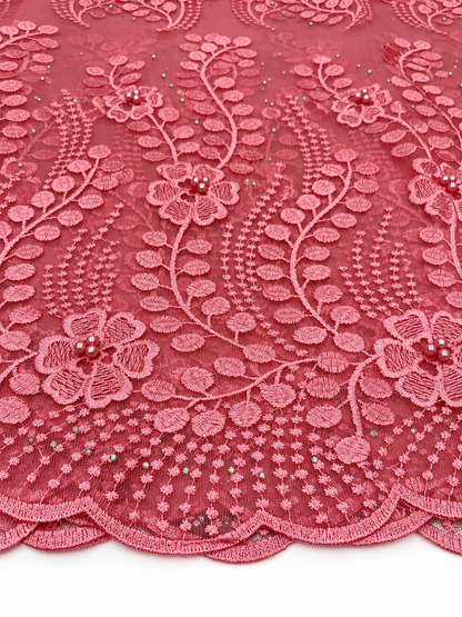 Hoint Beaded Tulle Floral Fabric - Pink
