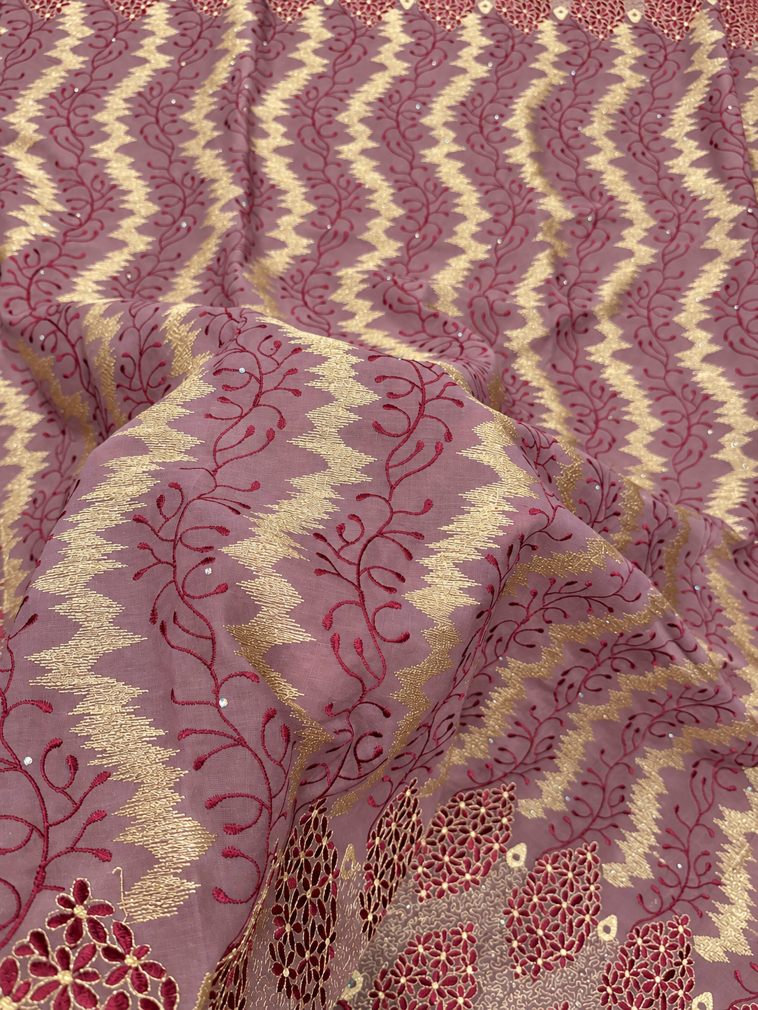 Cers Voile Floral Fabric - Mauve/Burgundy