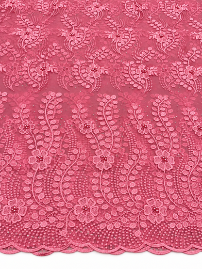 Hoint Beaded Tulle Floral Fabric - Pink