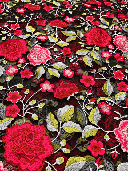 Rican Floral Quality French Fabric - Pink Black Multi