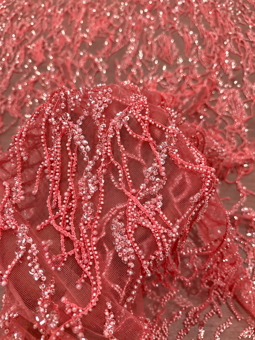Uess Luxury Beaded Fringe Fabric - Pink