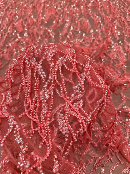 Uess Luxury Beaded Fringe Fabric - Pink